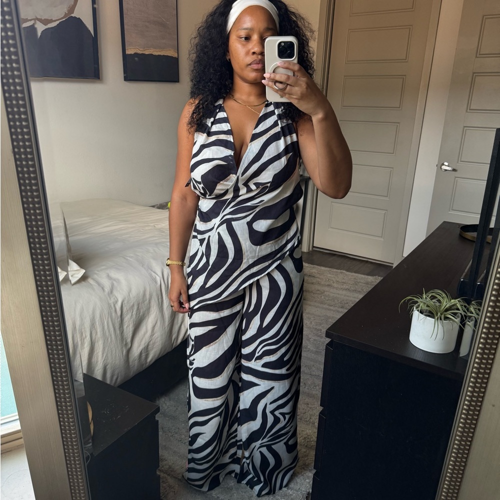 PrettyLittleThing Black and White Zebra Print Trousers and halter top